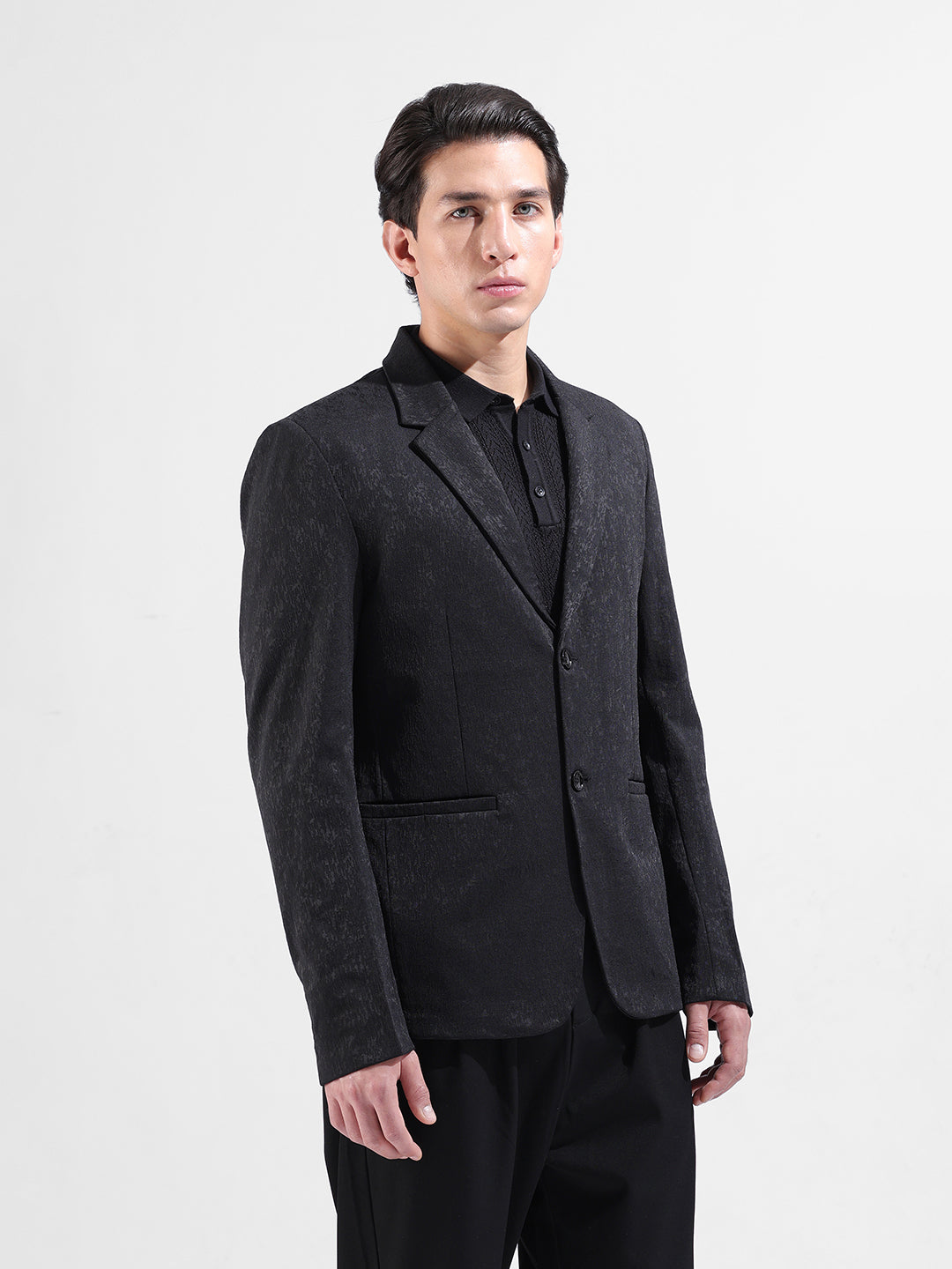 Men's Black Regular Fit Printed Casual Blazer