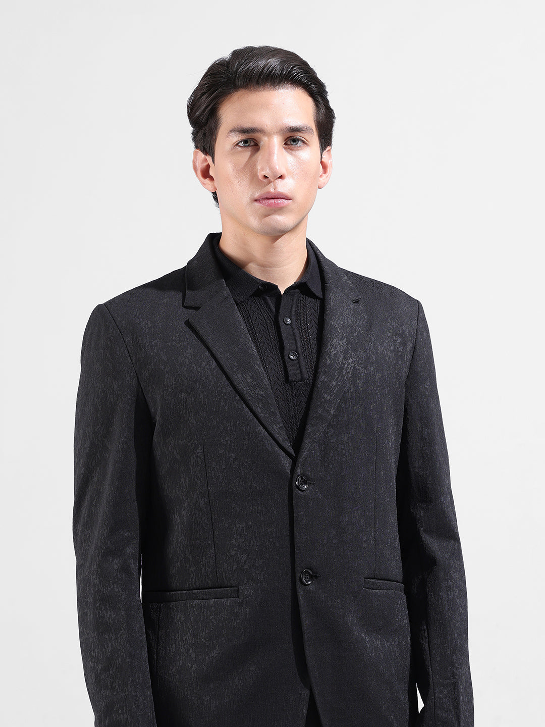 Men's Black Regular Fit Printed Casual Blazer