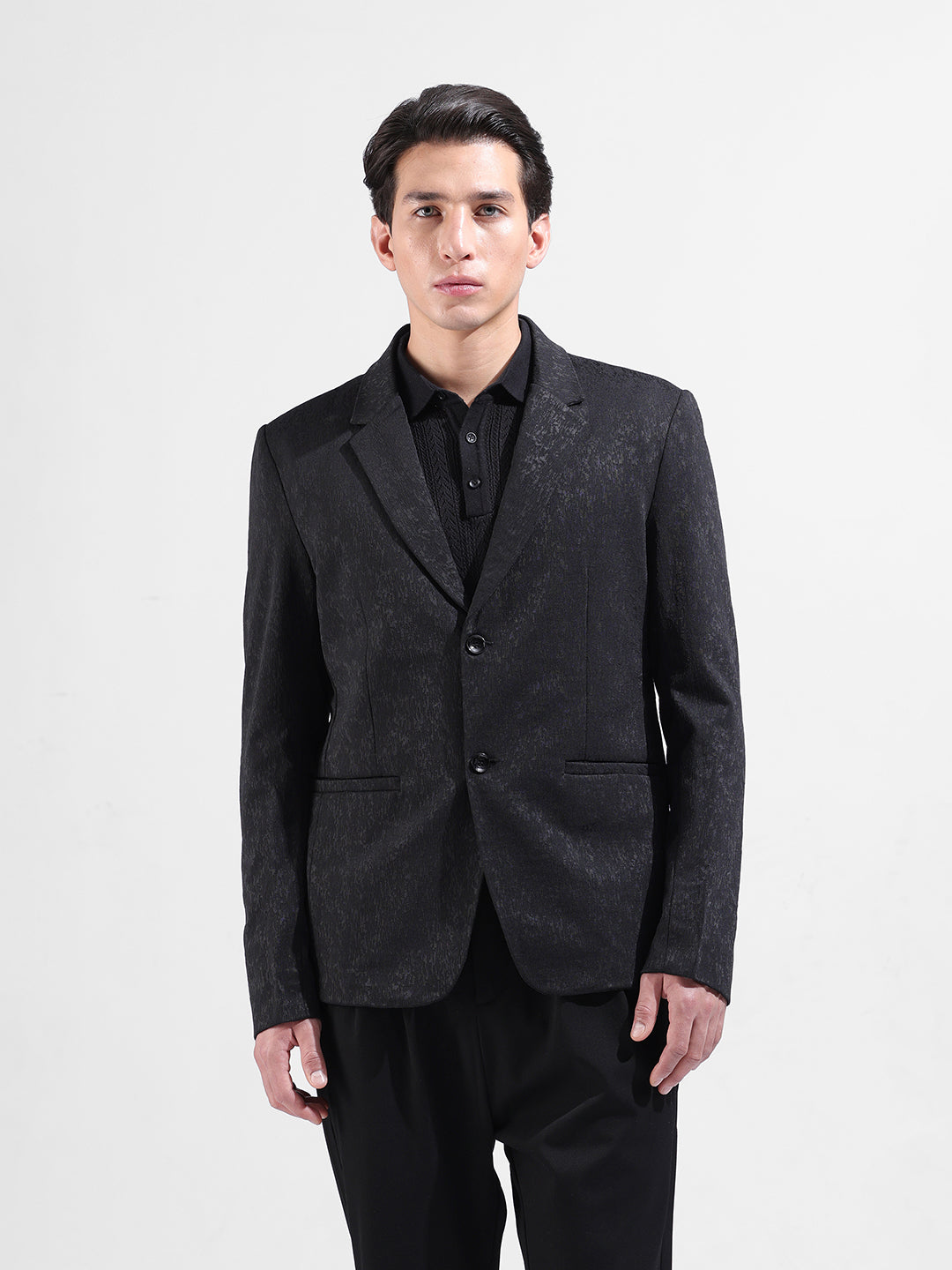 Men's Black Regular Fit Printed Casual Blazer