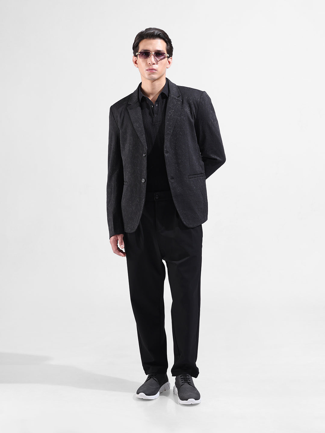 Men's Black Regular Fit Printed Casual Blazer
