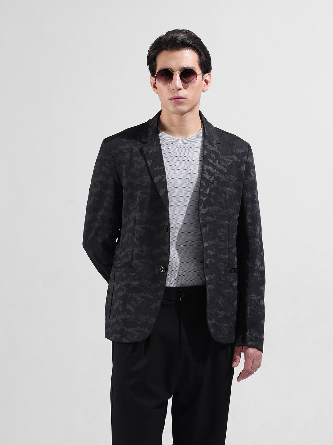 Men's Black Regular Fit Printed Casual Blazer