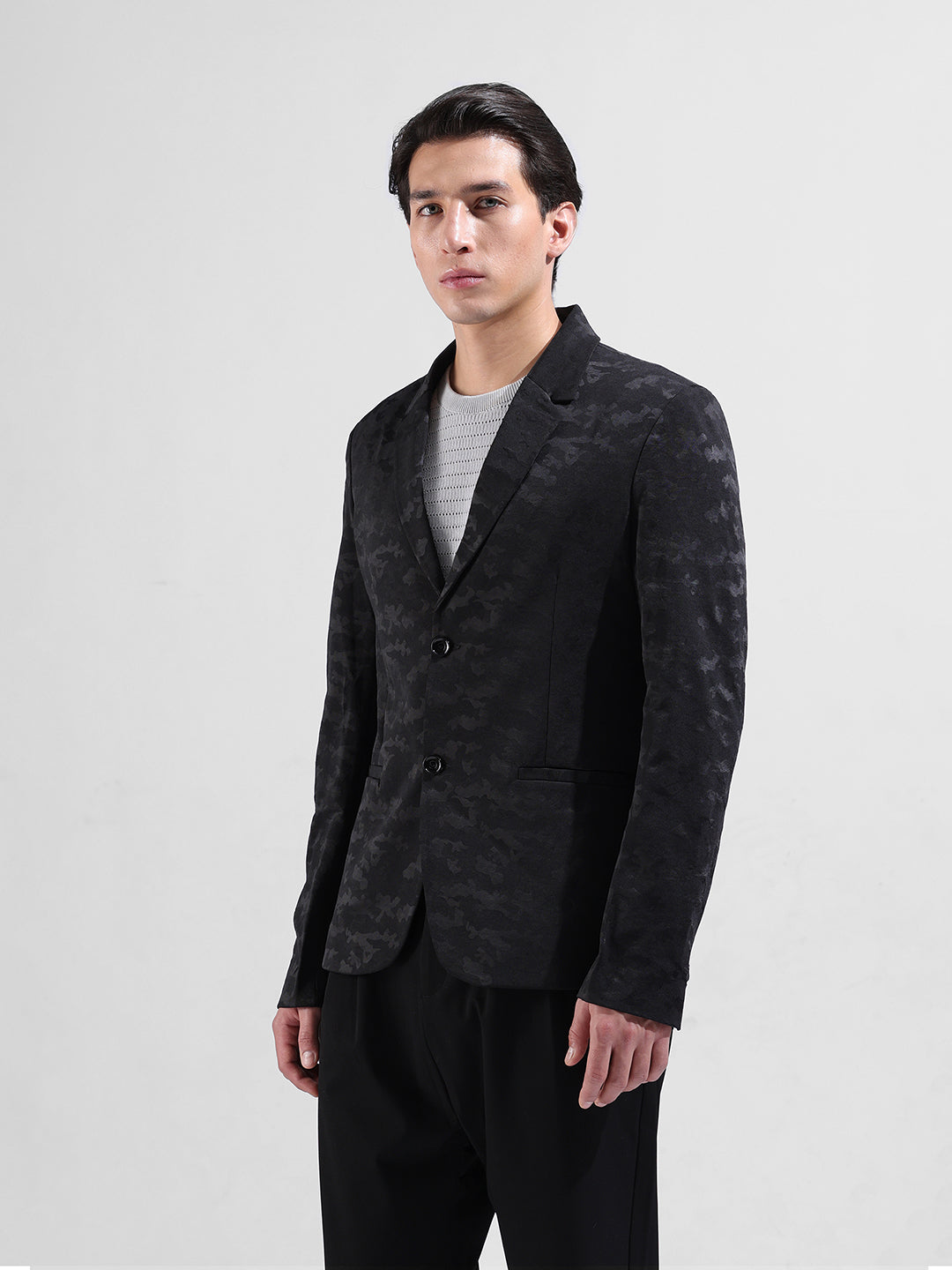 Men's Black Regular Fit Printed Casual Blazer