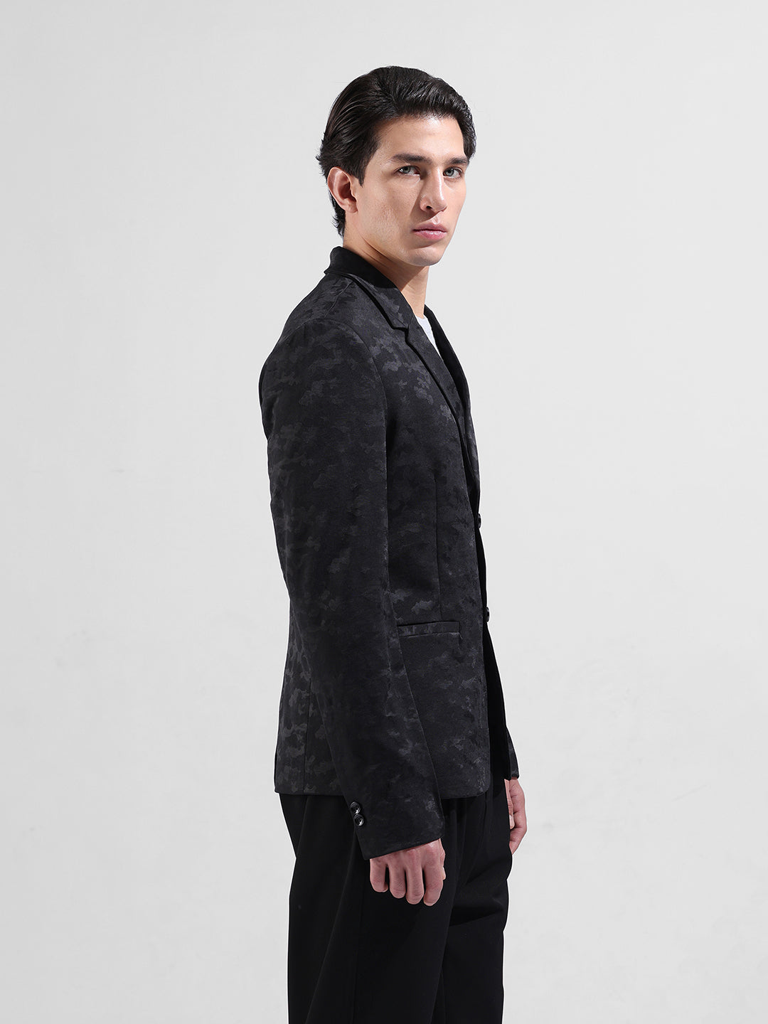 Men's Black Regular Fit Printed Casual Blazer