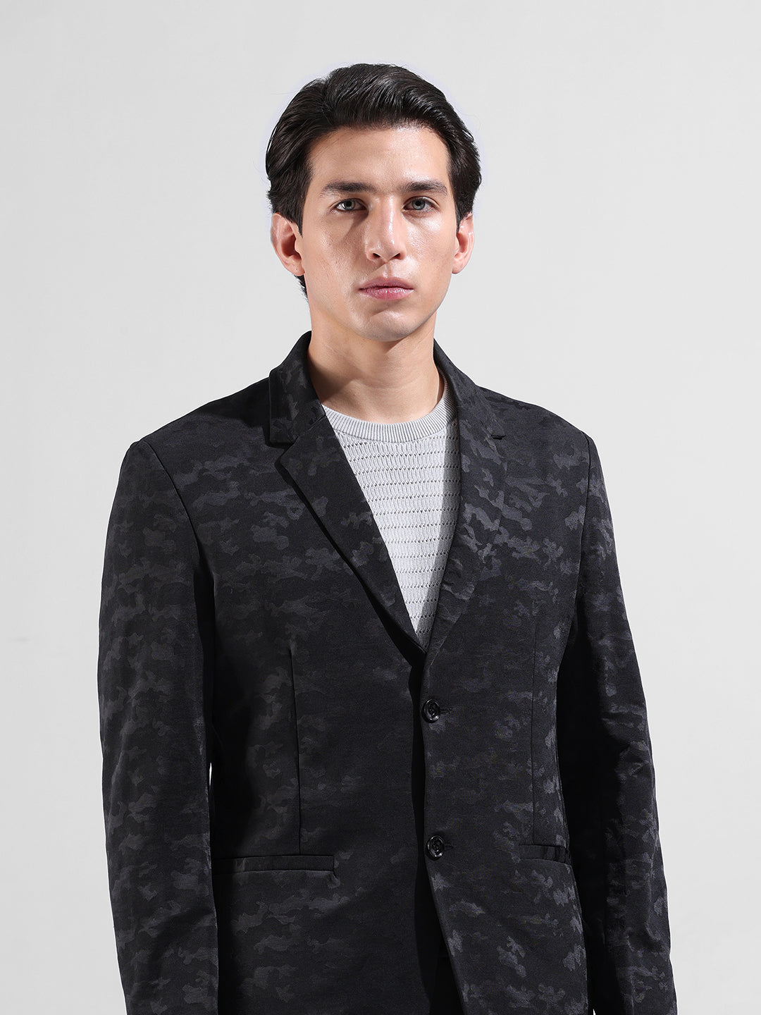 Men's Black Regular Fit Printed Casual Blazer