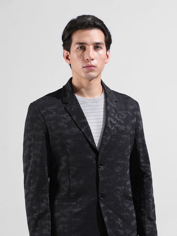 Men's Black Regular Fit Printed Casual Blazer
