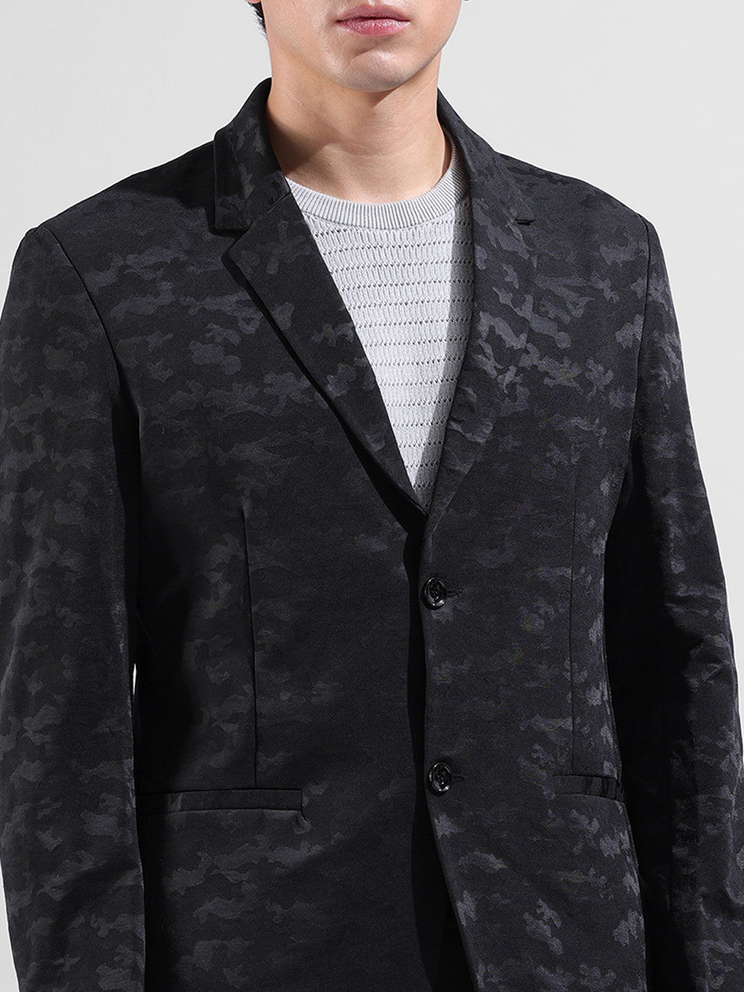 Men's Black Regular Fit Printed Casual Blazer