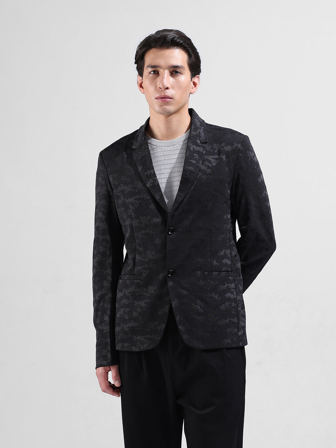 Men's Black Regular Fit Printed Casual Blazer
