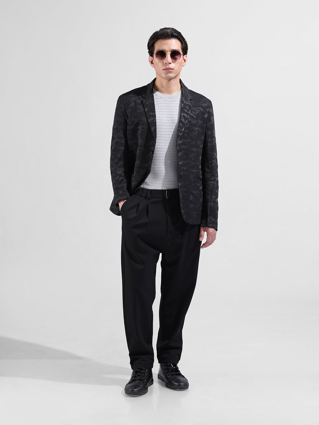 Men's Black Regular Fit Printed Casual Blazer
