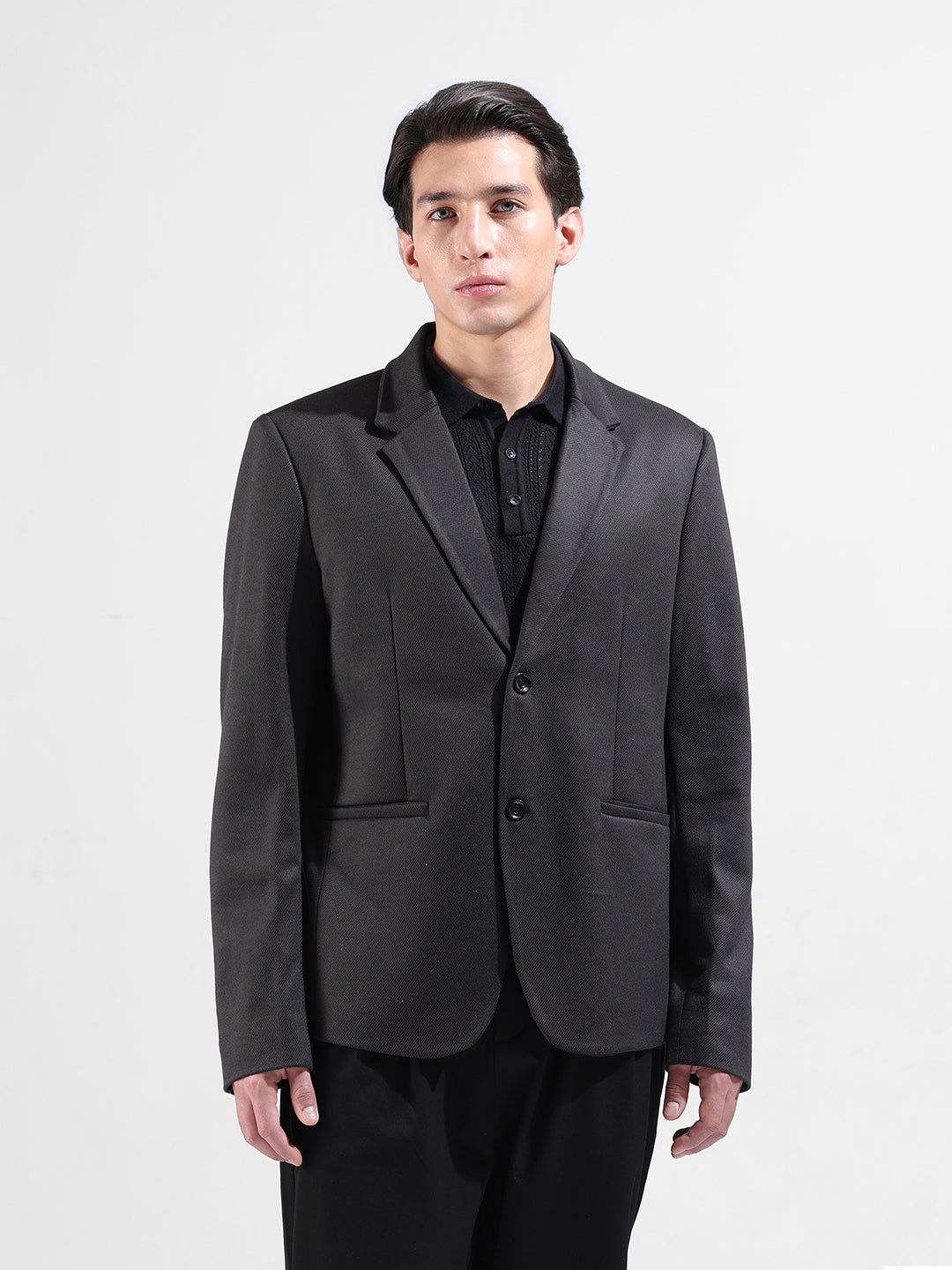 Men's Black Regular Fit Printed Casual Blazer