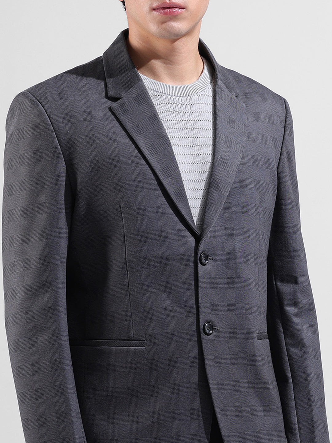 Men's Grey Regular Fit Checked Casual Blazer