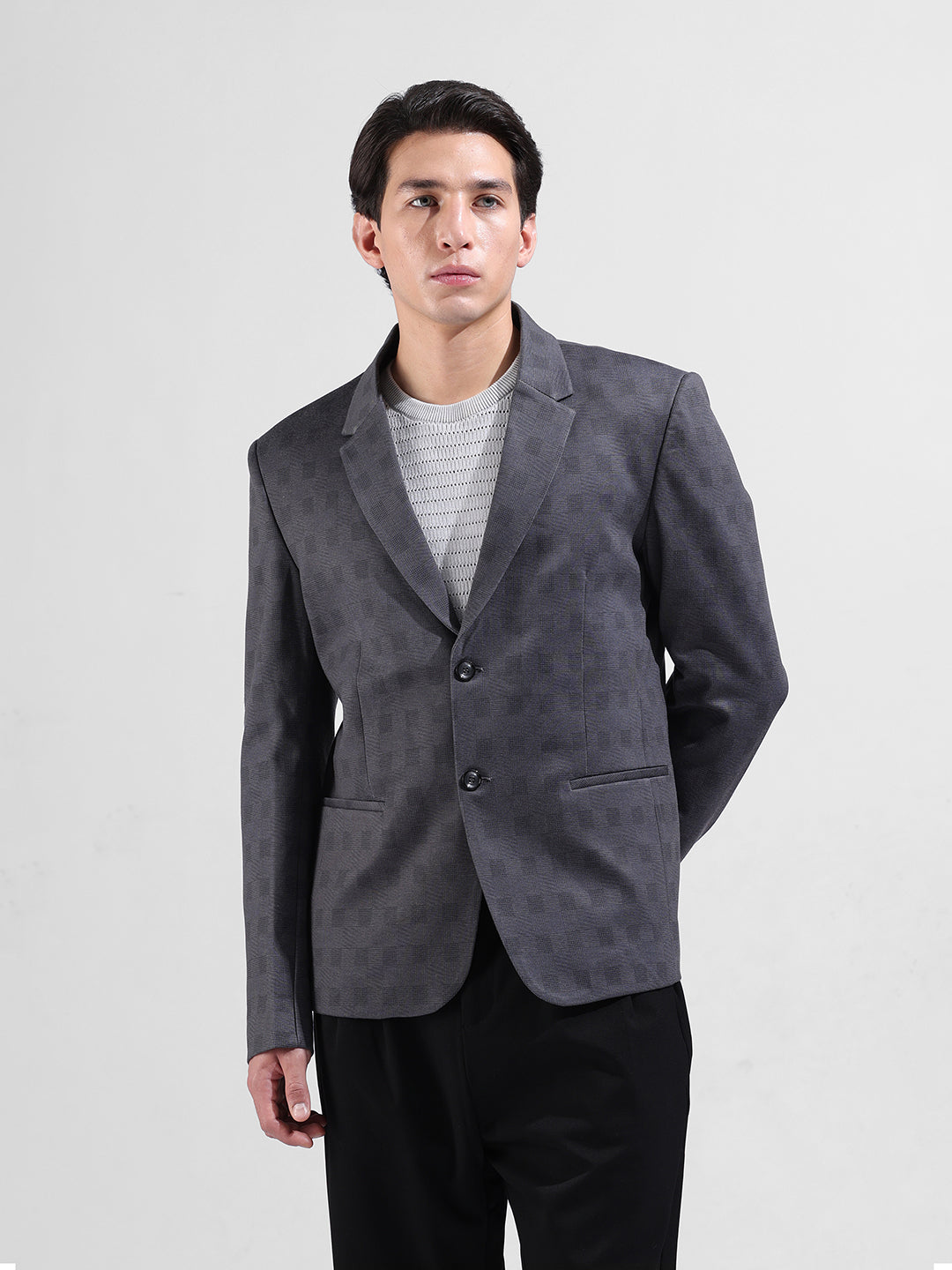 Men's Grey Regular Fit Checked Casual Blazer