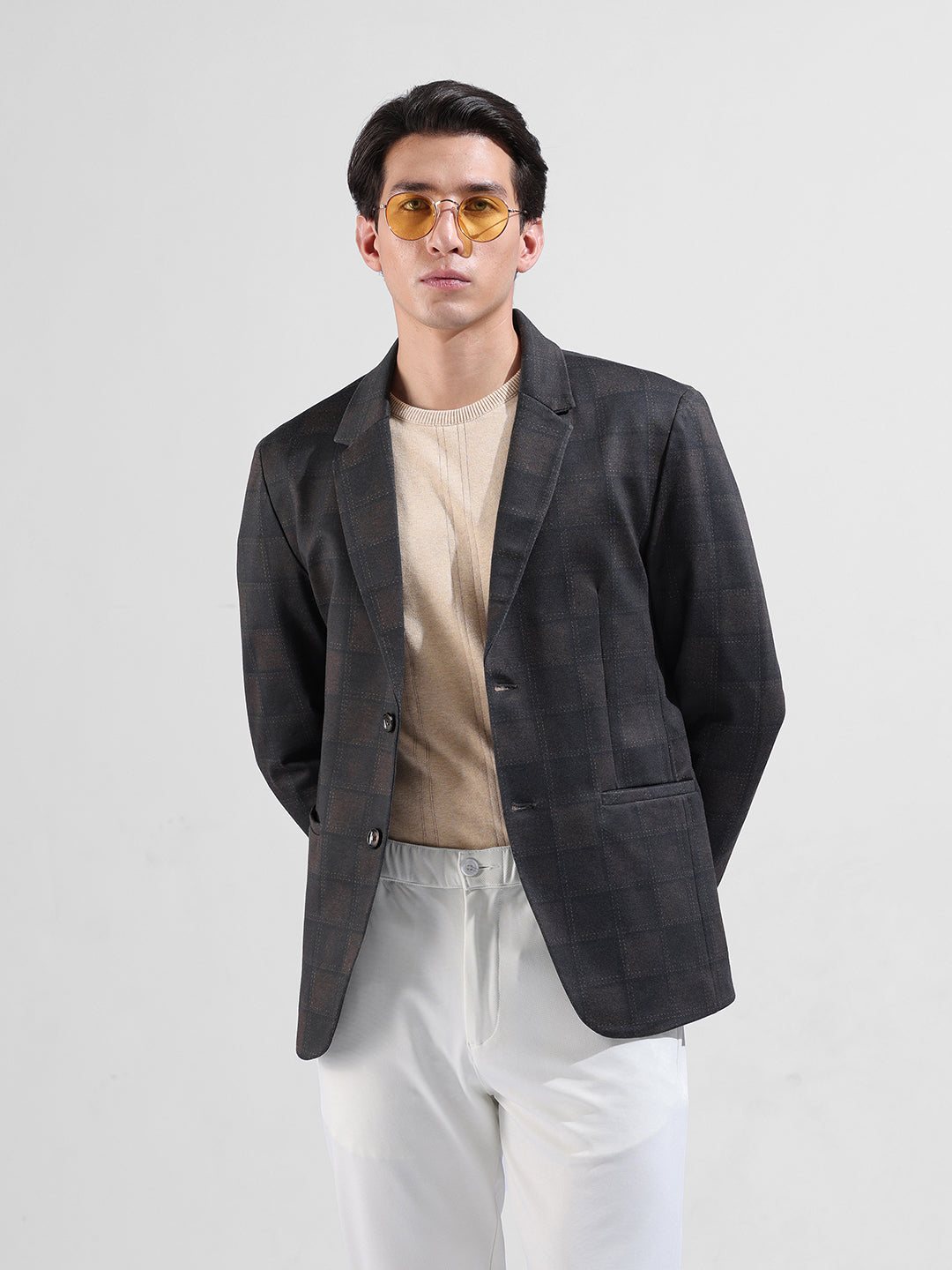 Men's Brown Regular Fit Checked Casual Blazer