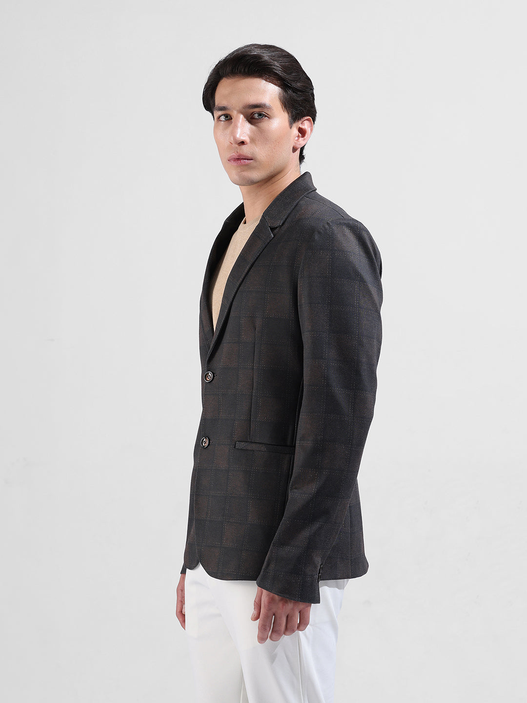 Men's Brown Regular Fit Checked Casual Blazer