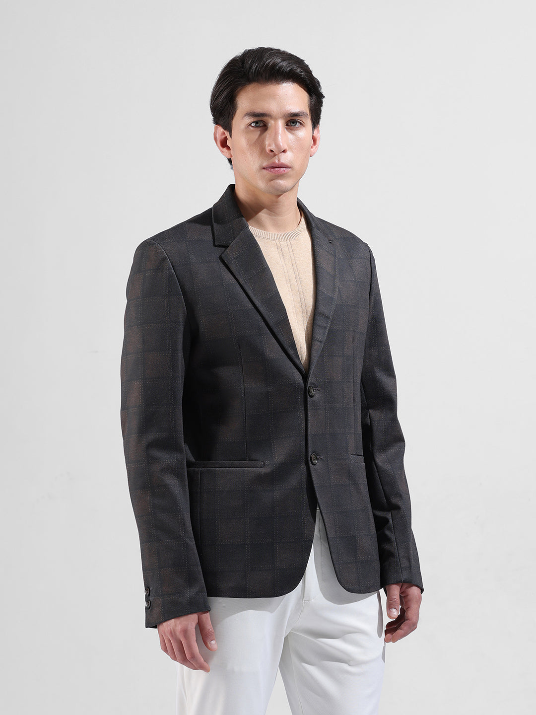 Men's Brown Regular Fit Checked Casual Blazer