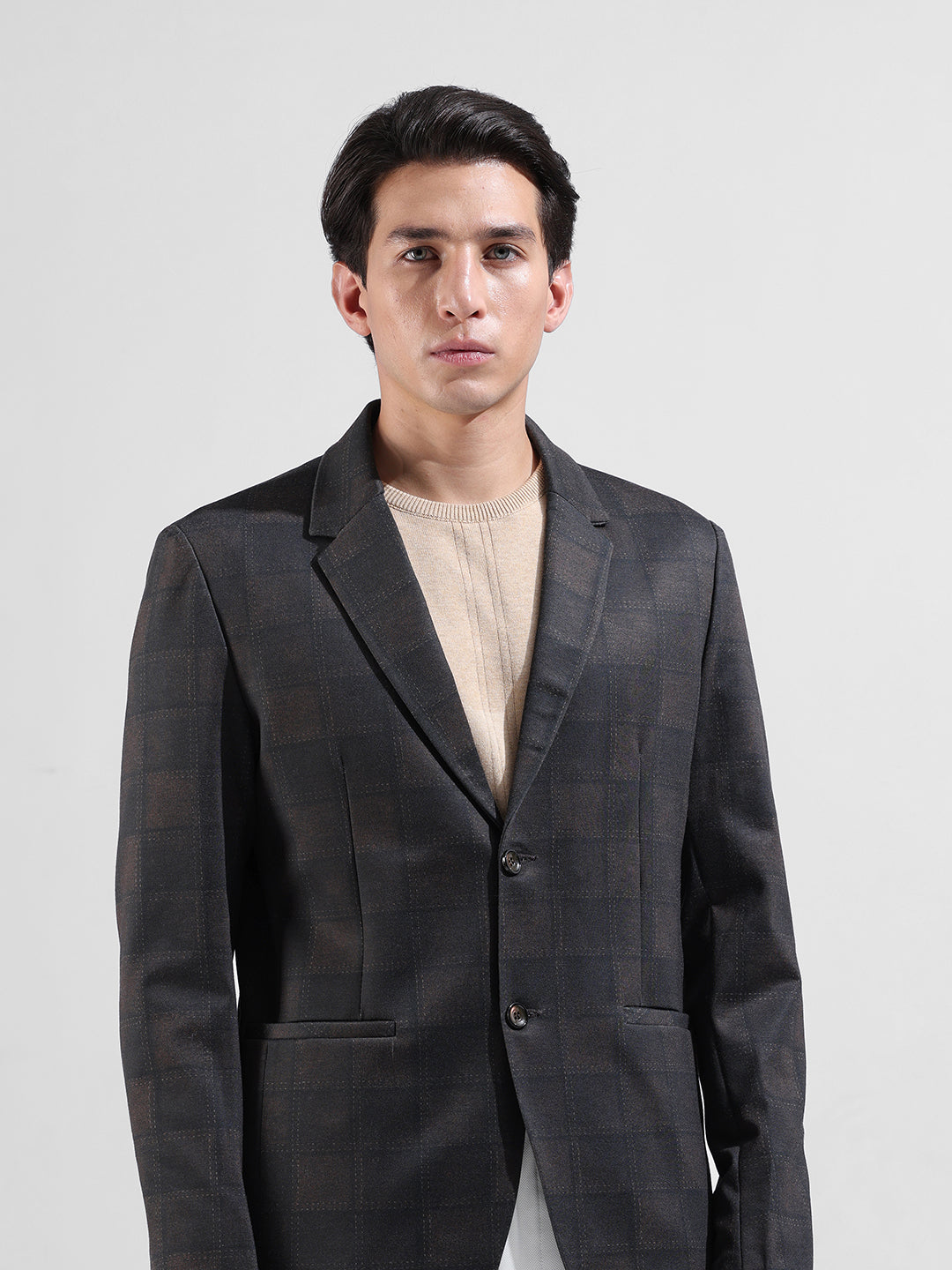 Men's Brown Regular Fit Checked Casual Blazer
