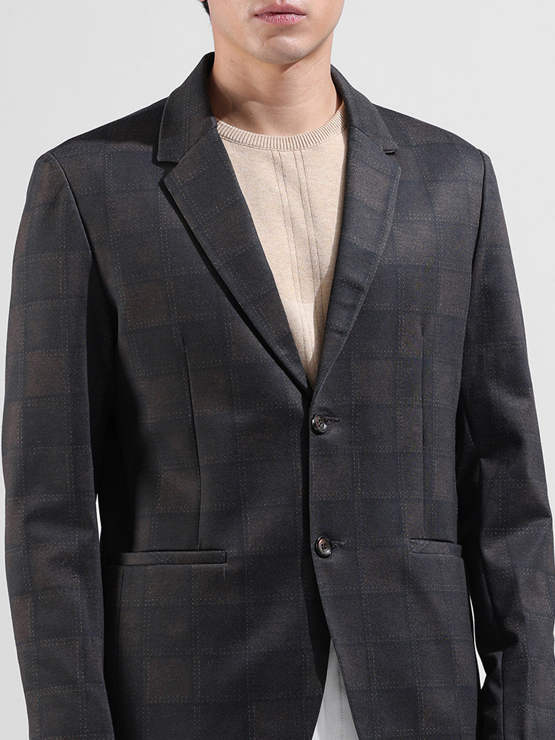 Men's Brown Regular Fit Checked Casual Blazer