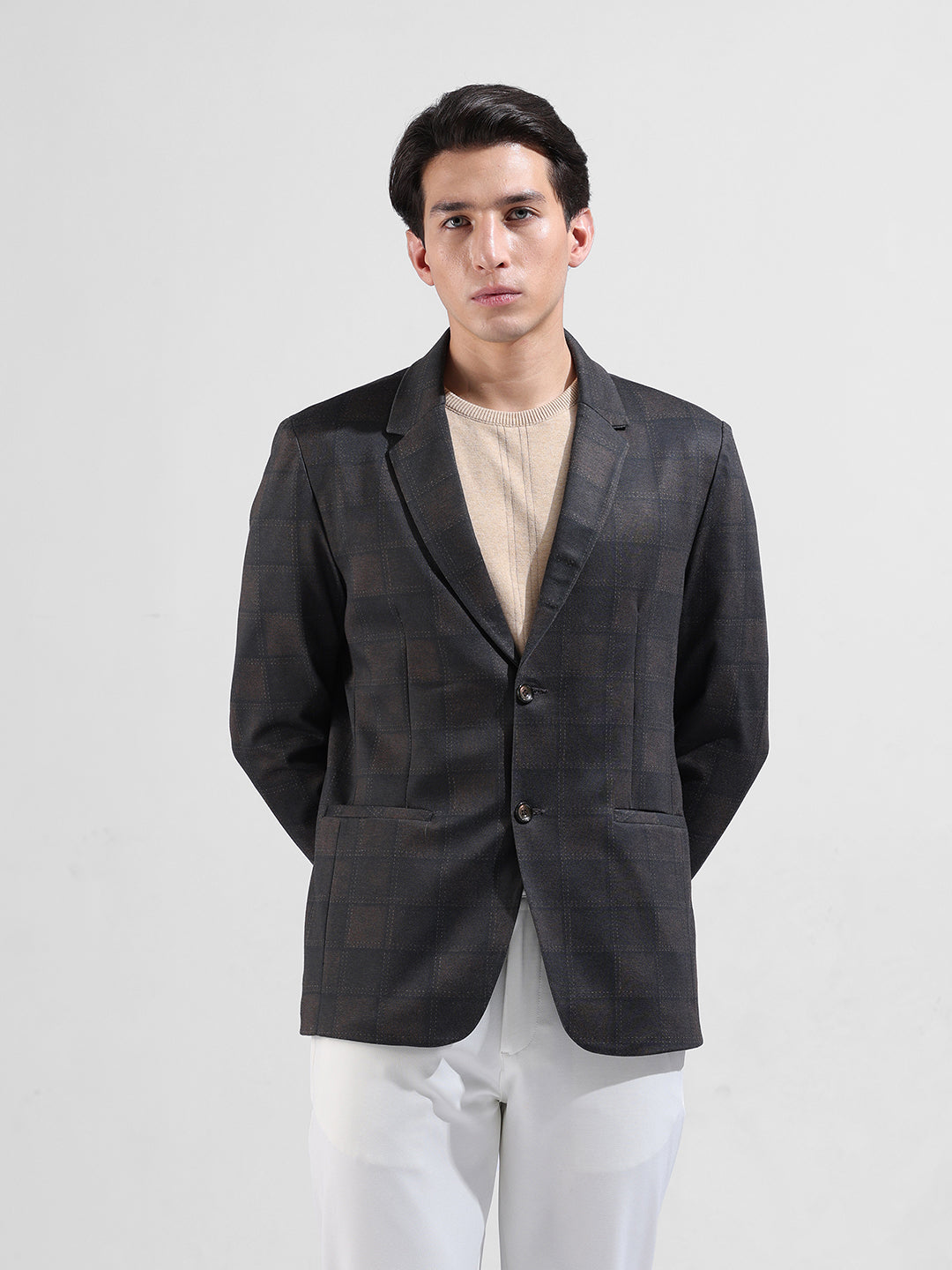 Men's Brown Regular Fit Checked Casual Blazer