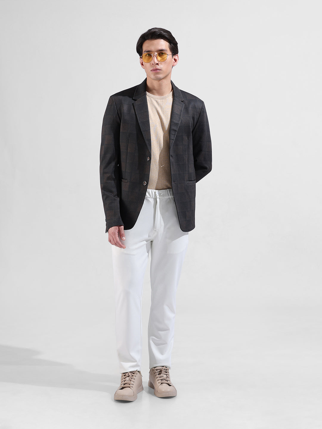 Men's Brown Regular Fit Checked Casual Blazer