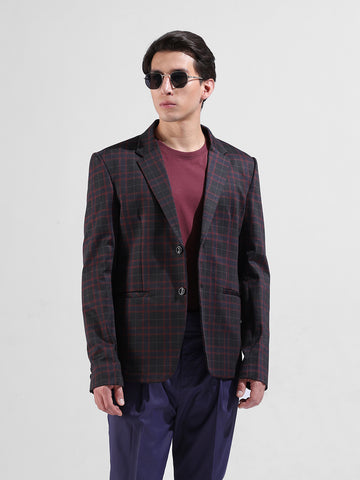 Men's Maroon Regular Fit Checked Casual Blazer