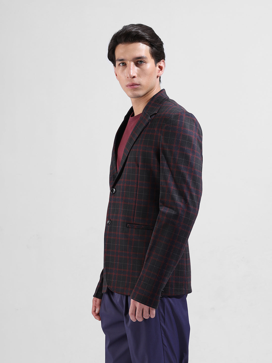 Men's Maroon Regular Fit Checked Casual Blazer