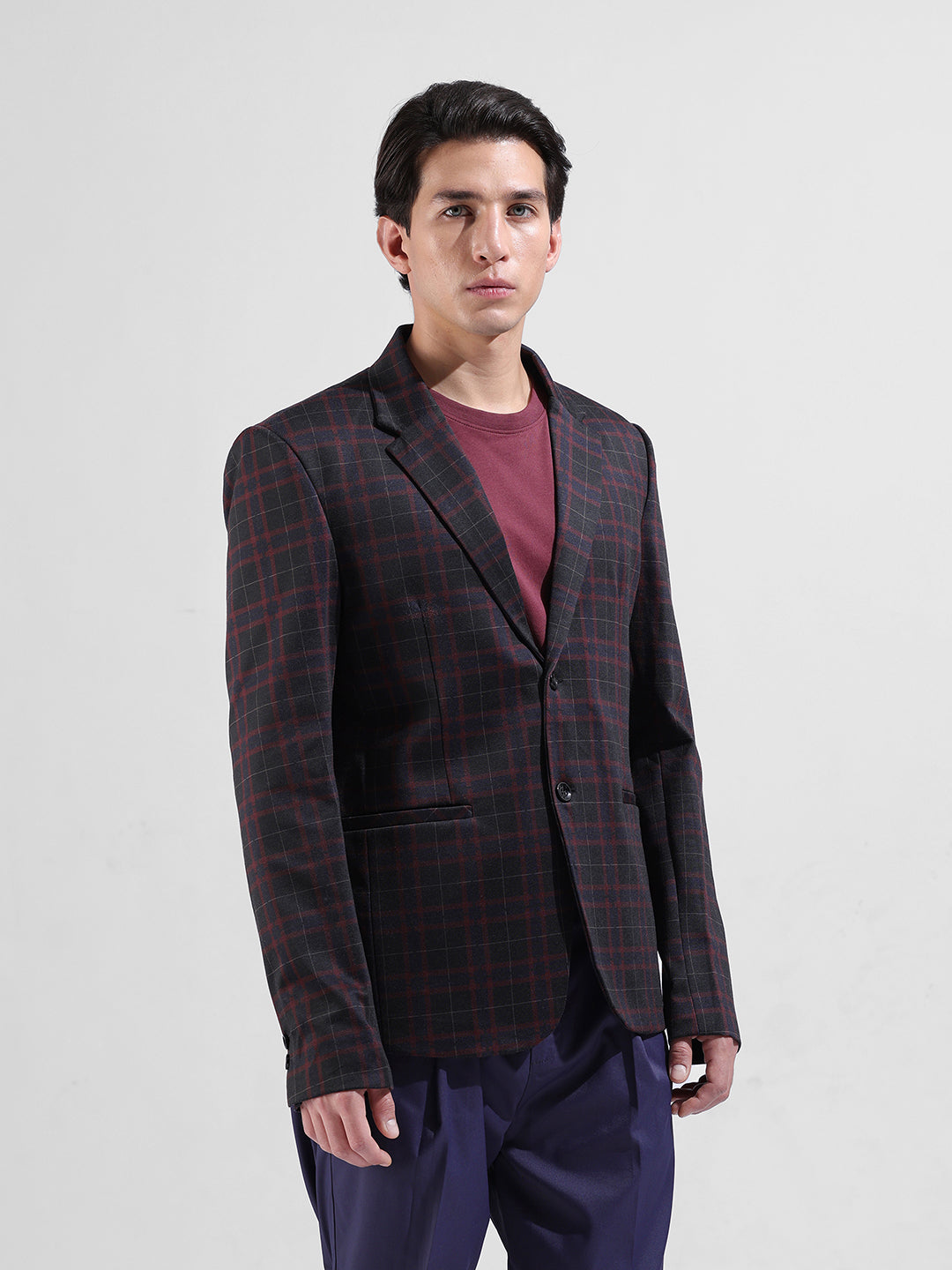Men's Maroon Regular Fit Checked Casual Blazer