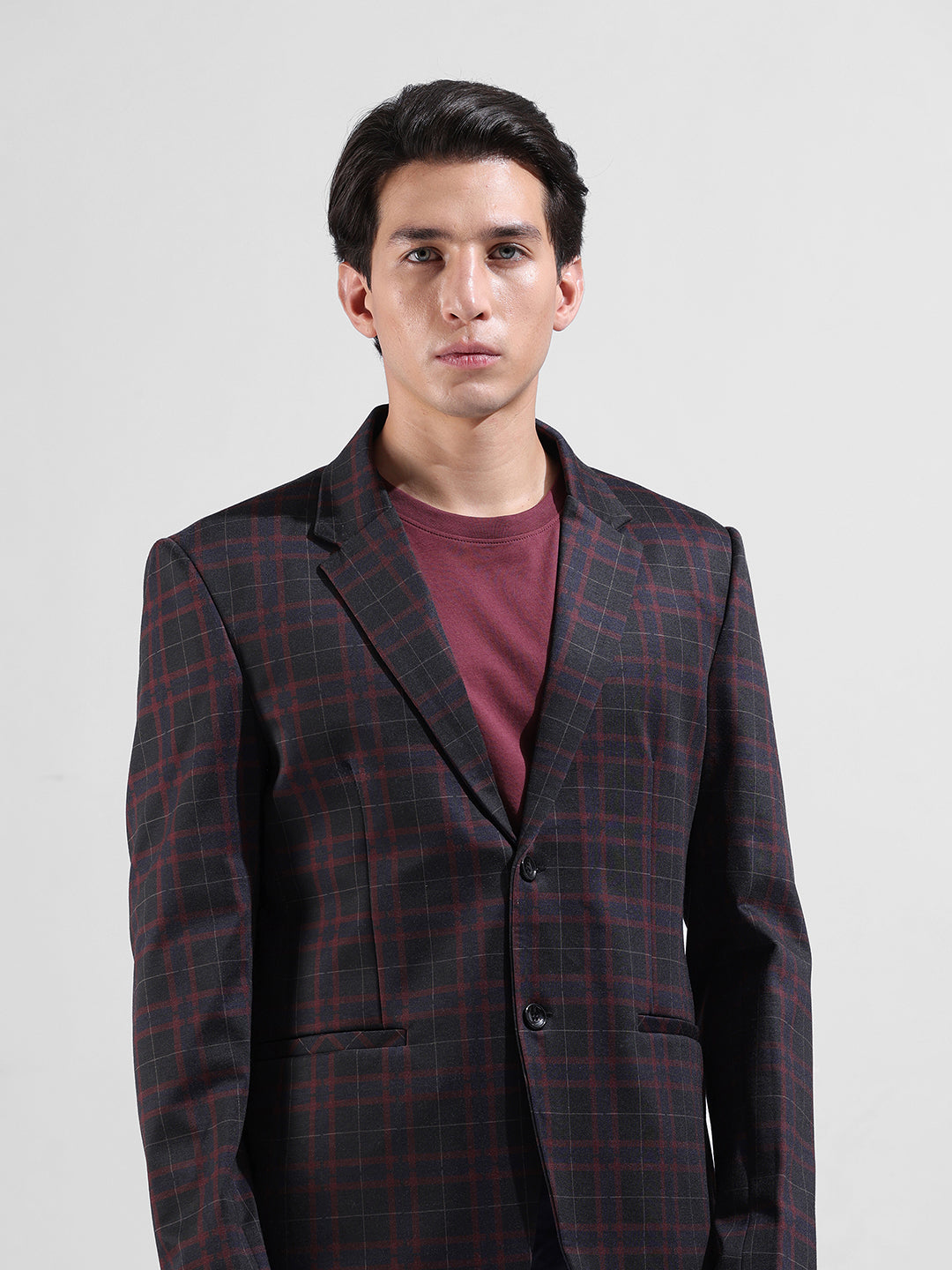 Men's Maroon Regular Fit Checked Casual Blazer