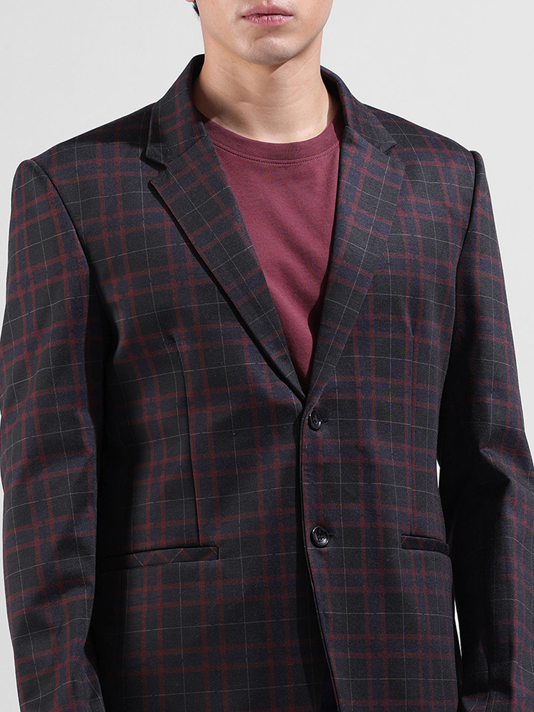 Men's Maroon Regular Fit Checked Casual Blazer