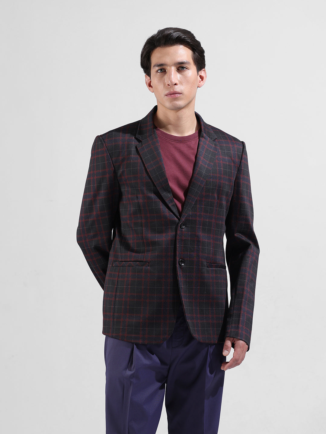 Men's Maroon Regular Fit Checked Casual Blazer