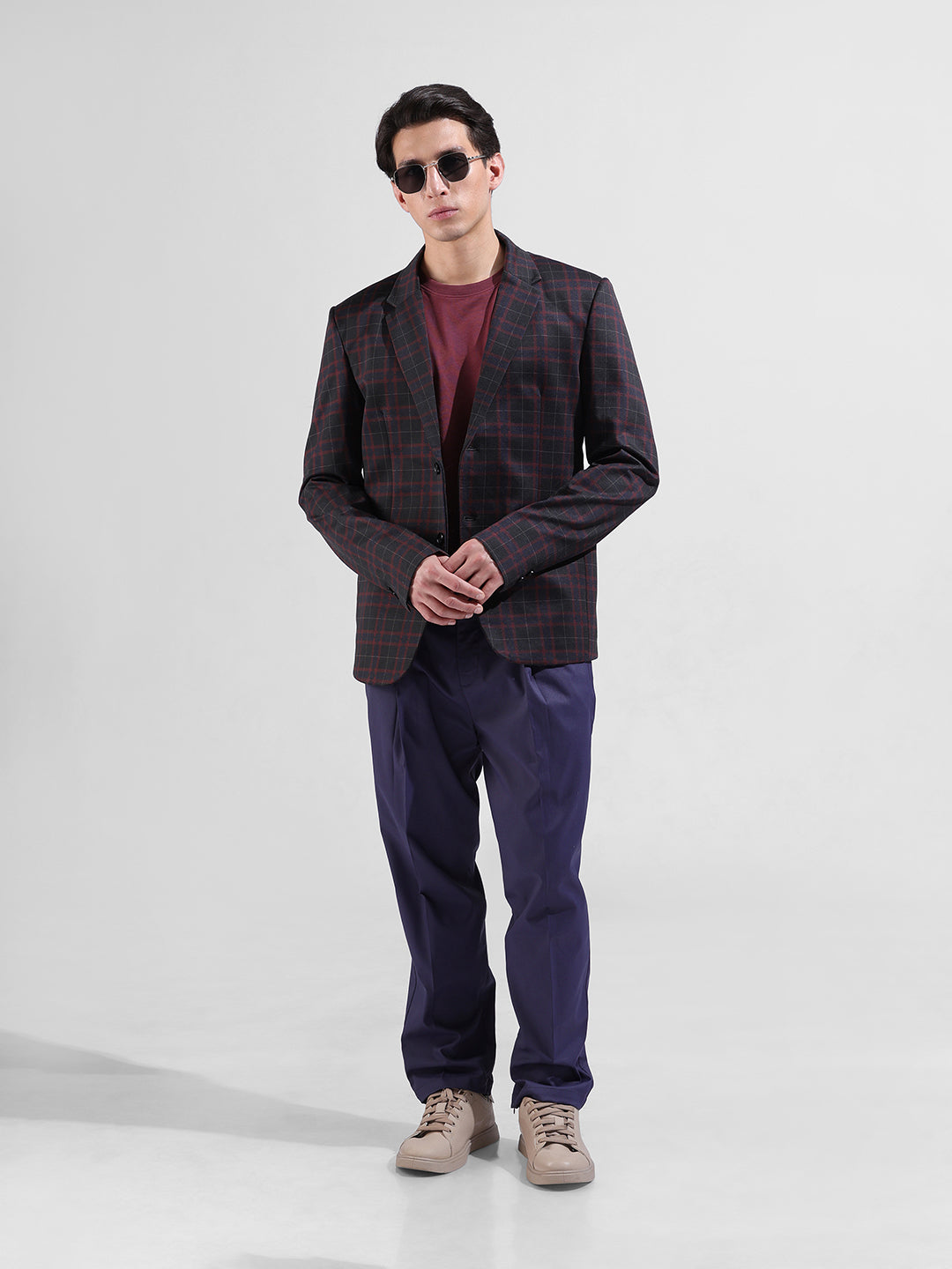 Men's Maroon Regular Fit Checked Casual Blazer