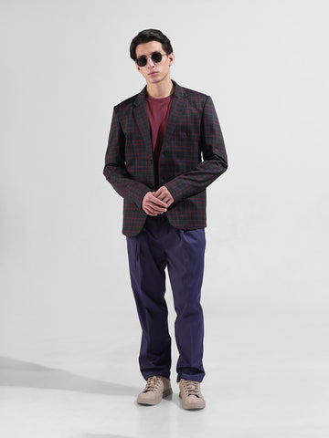 Men's Maroon Regular Fit Checked Casual Blazer