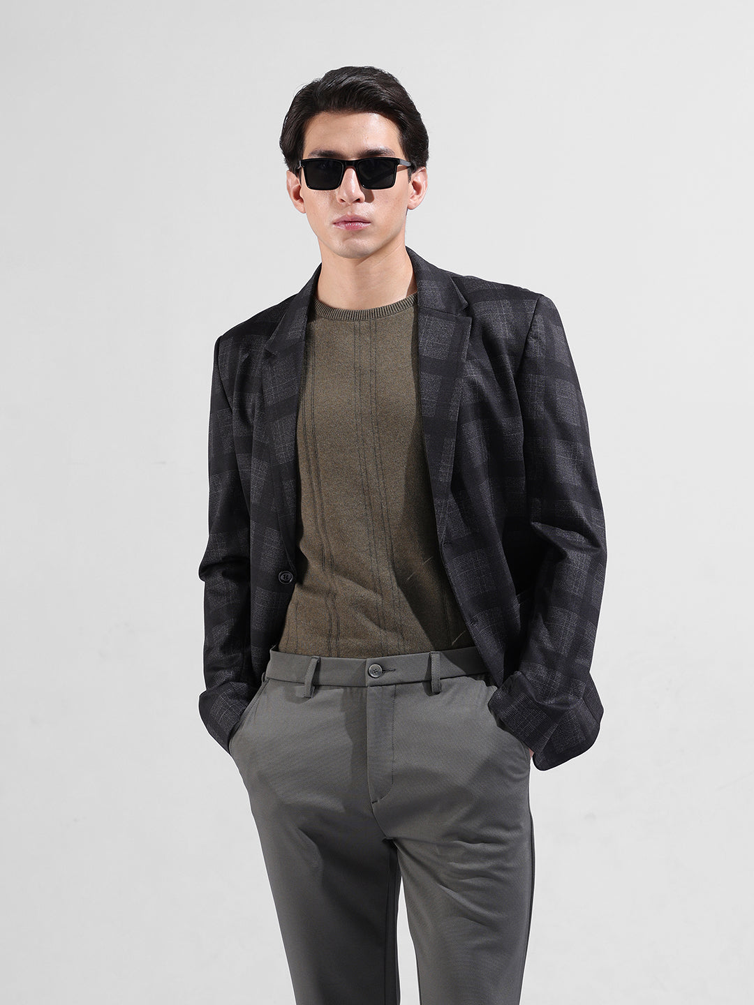 Men's Grey Regular Fit Checked Casual Blazer
