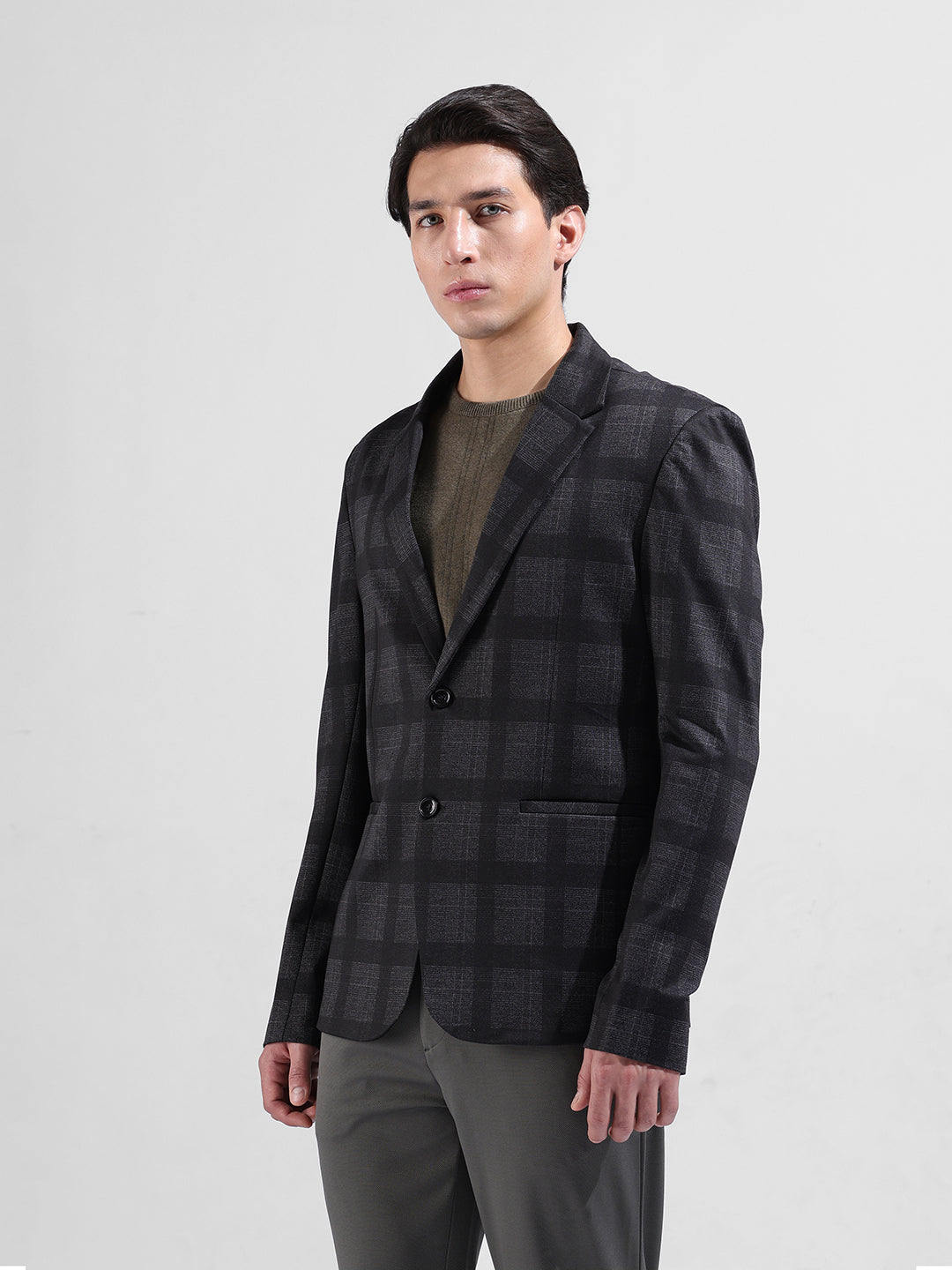 Men's Grey Regular Fit Checked Casual Blazer