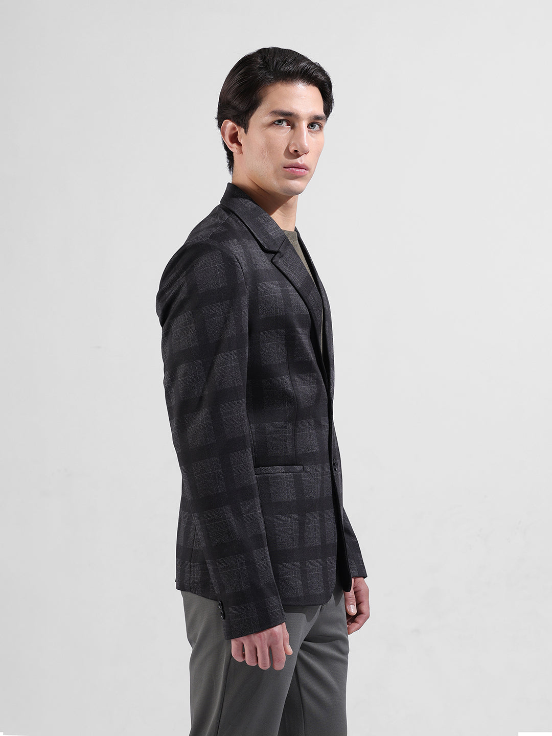 Men's Grey Regular Fit Checked Casual Blazer