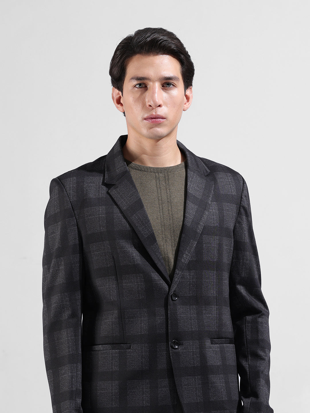 Men's Grey Regular Fit Checked Casual Blazer