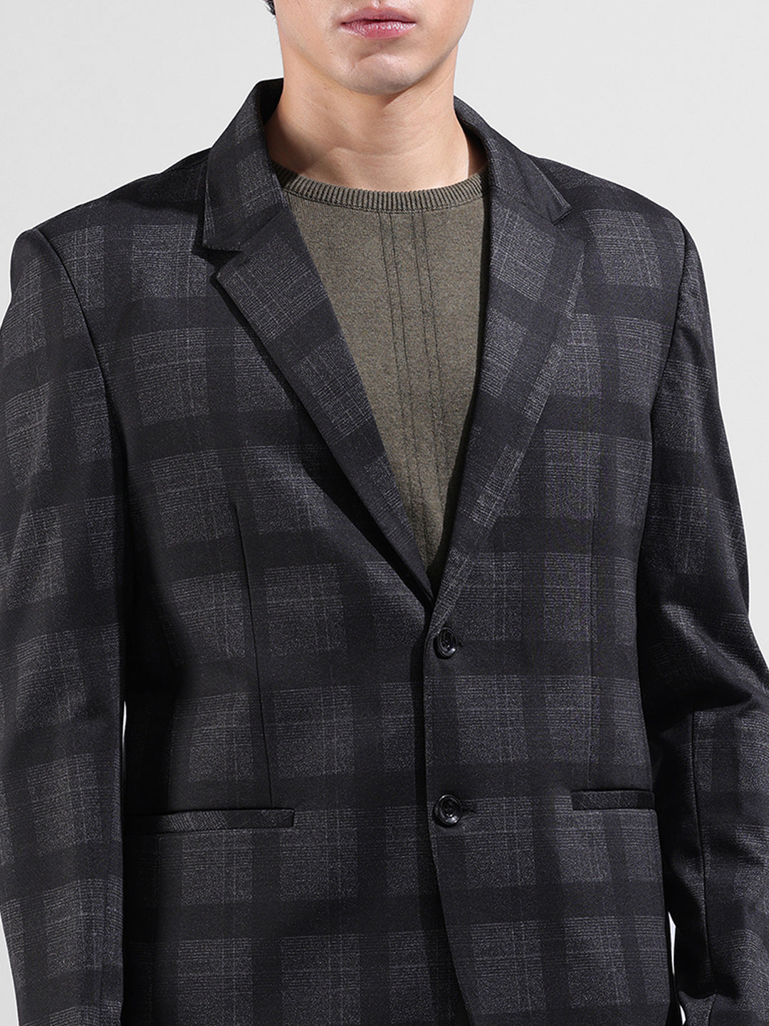 Men's Grey Regular Fit Checked Casual Blazer