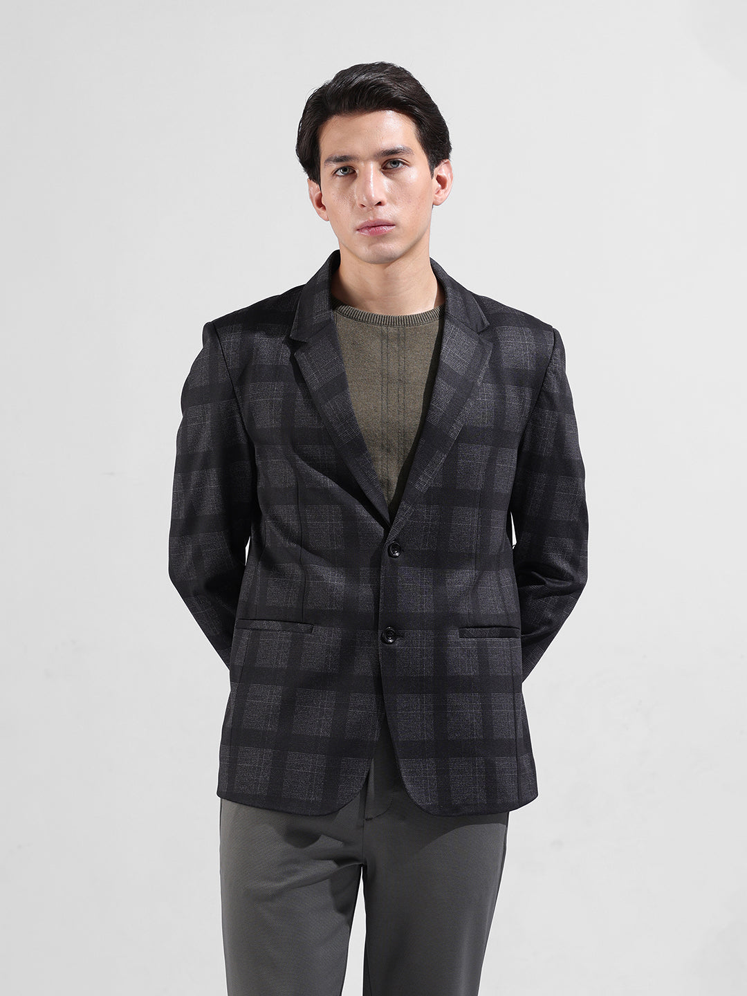 Men's Grey Regular Fit Checked Casual Blazer