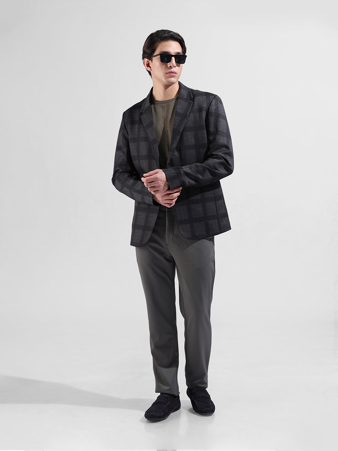 Men's Grey Regular Fit Checked Casual Blazer