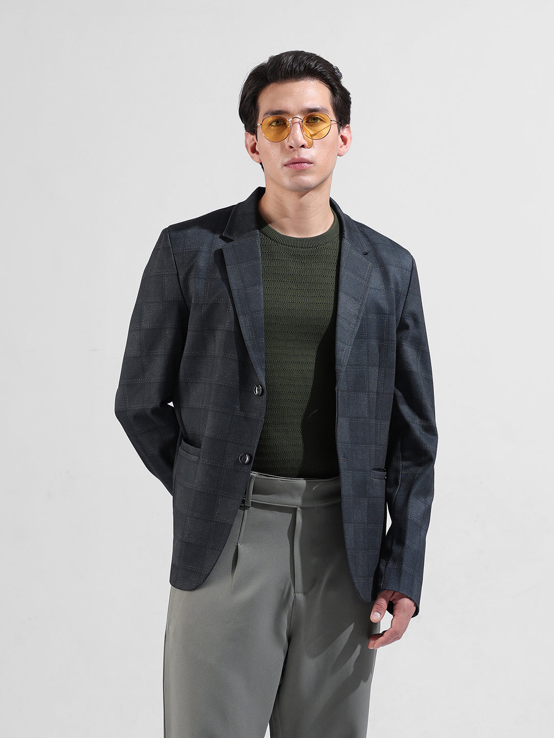 Men's Grey Regular Fit Checked Casual Blazer