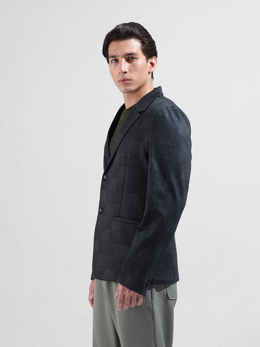 Men's Grey Regular Fit Checked Casual Blazer