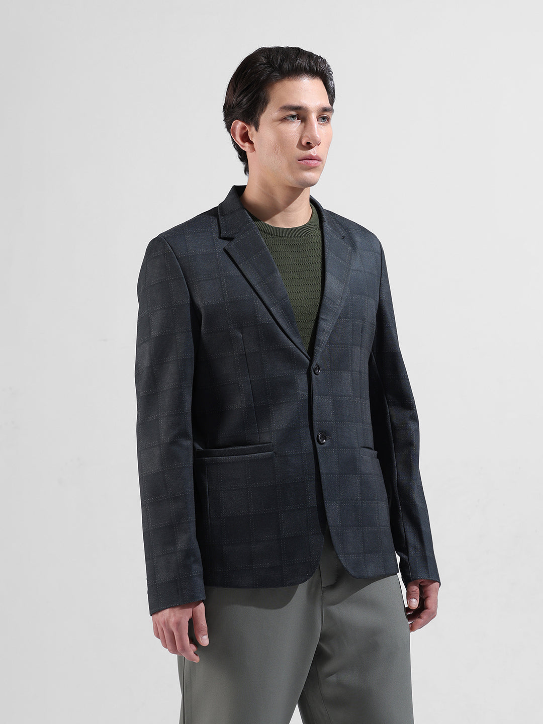 Men's Grey Regular Fit Checked Casual Blazer