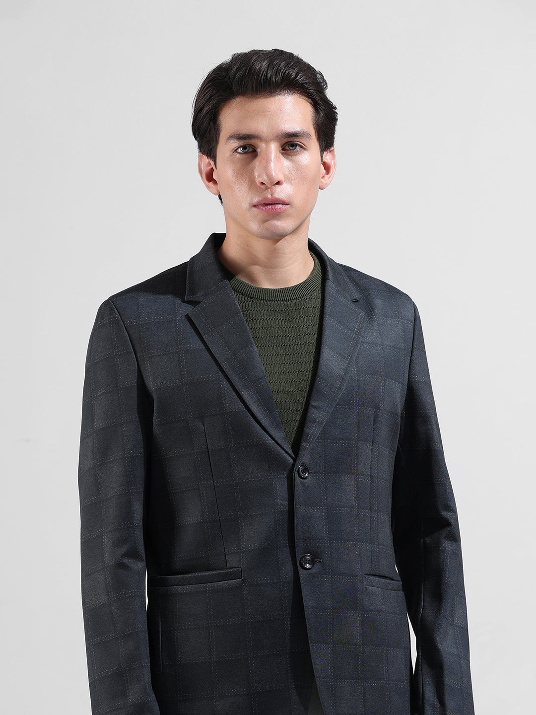 Men's Grey Regular Fit Checked Casual Blazer