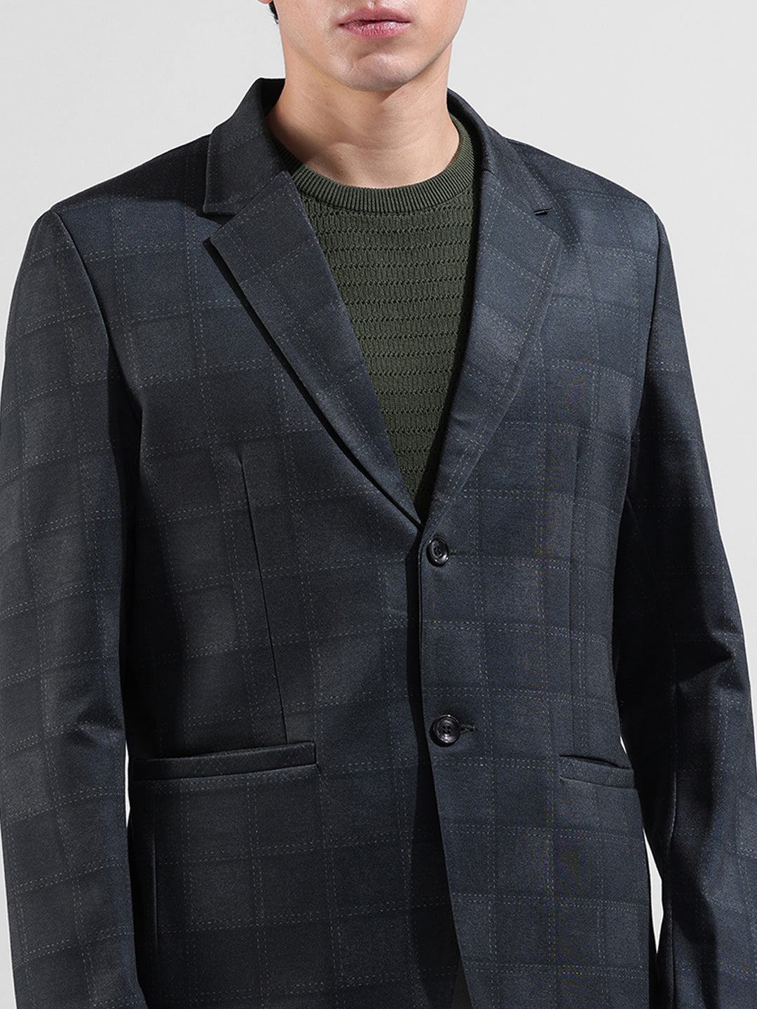 Men's Grey Regular Fit Checked Casual Blazer