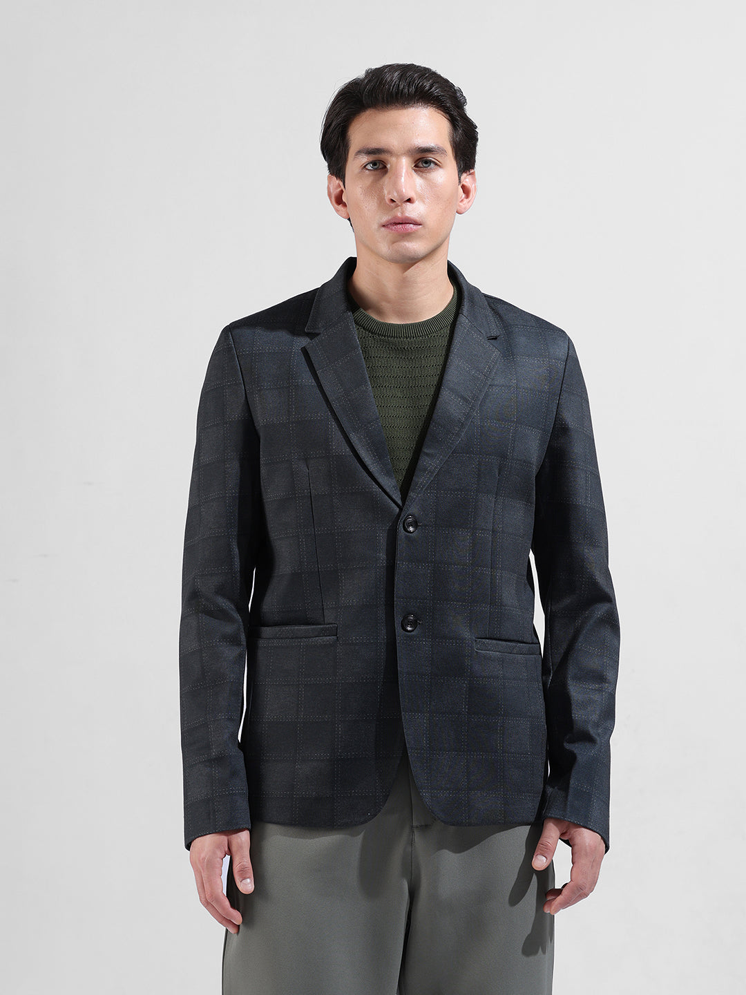 Men's Grey Regular Fit Checked Casual Blazer