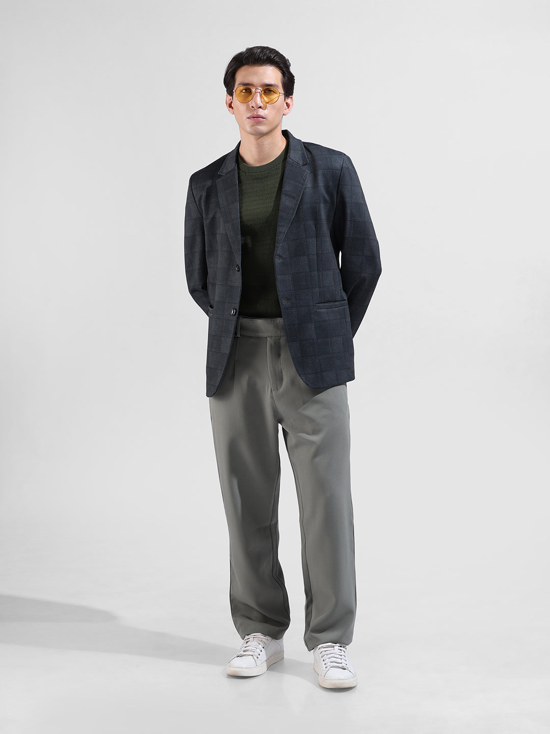 Men's Grey Regular Fit Checked Casual Blazer