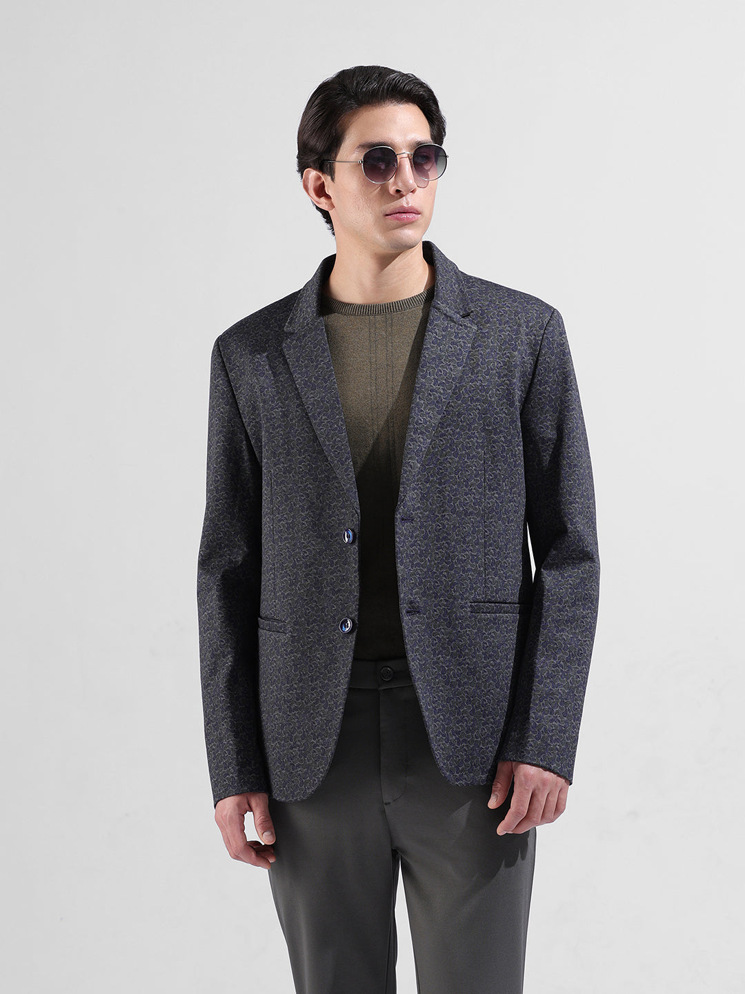 Men's Blue Regular Fit Printed Casual Blazer
