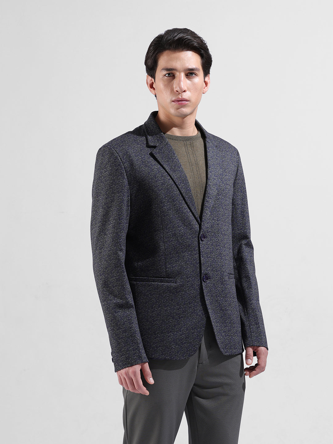 Men's Blue Regular Fit Printed Casual Blazer