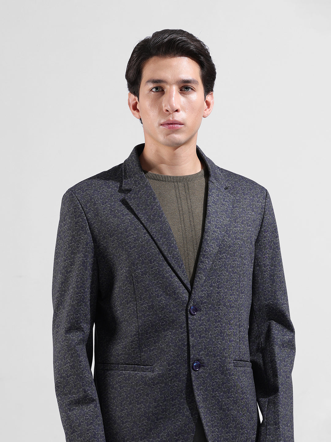 Men's Blue Regular Fit Printed Casual Blazer