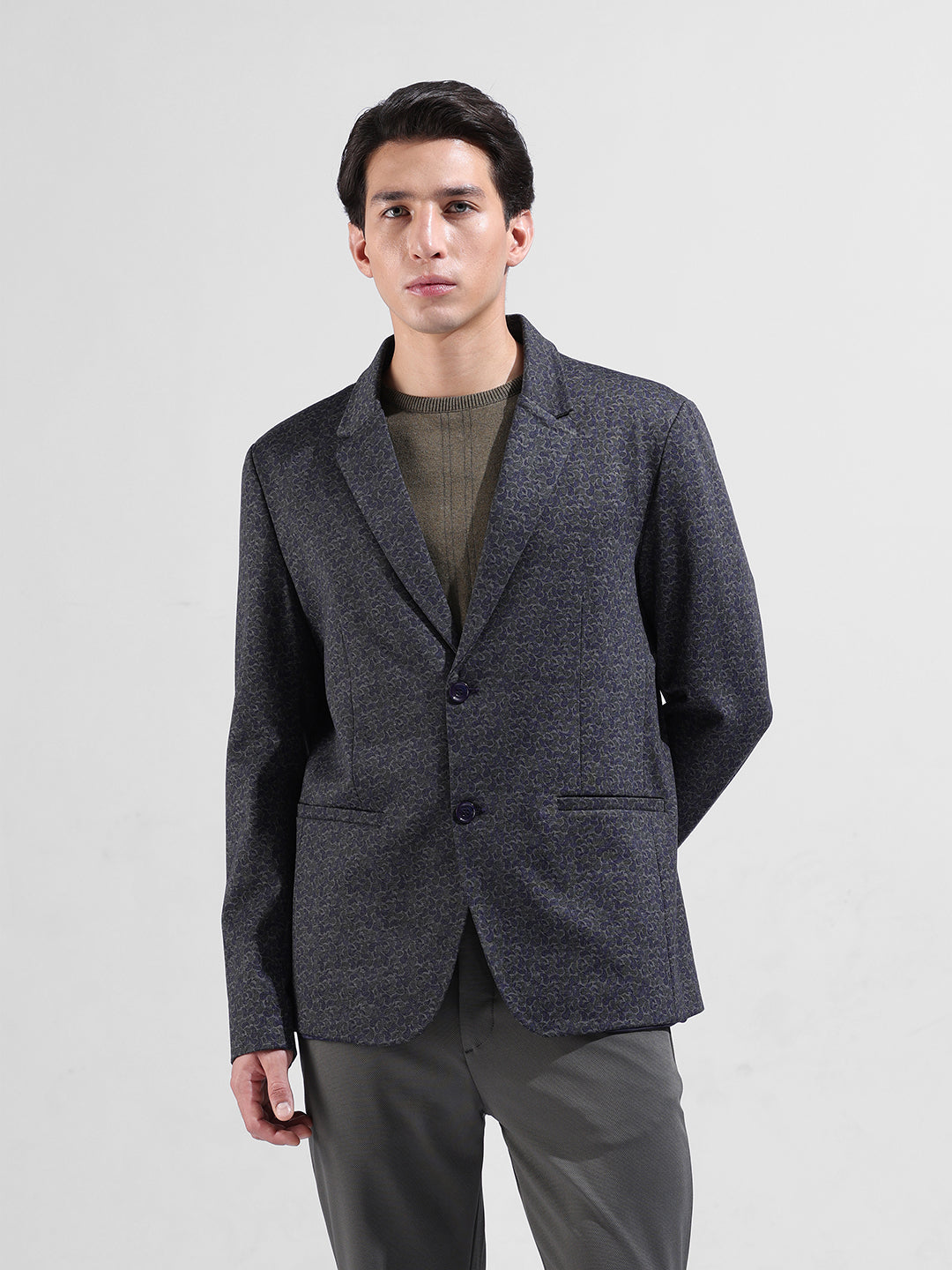 Men's Blue Regular Fit Printed Casual Blazer