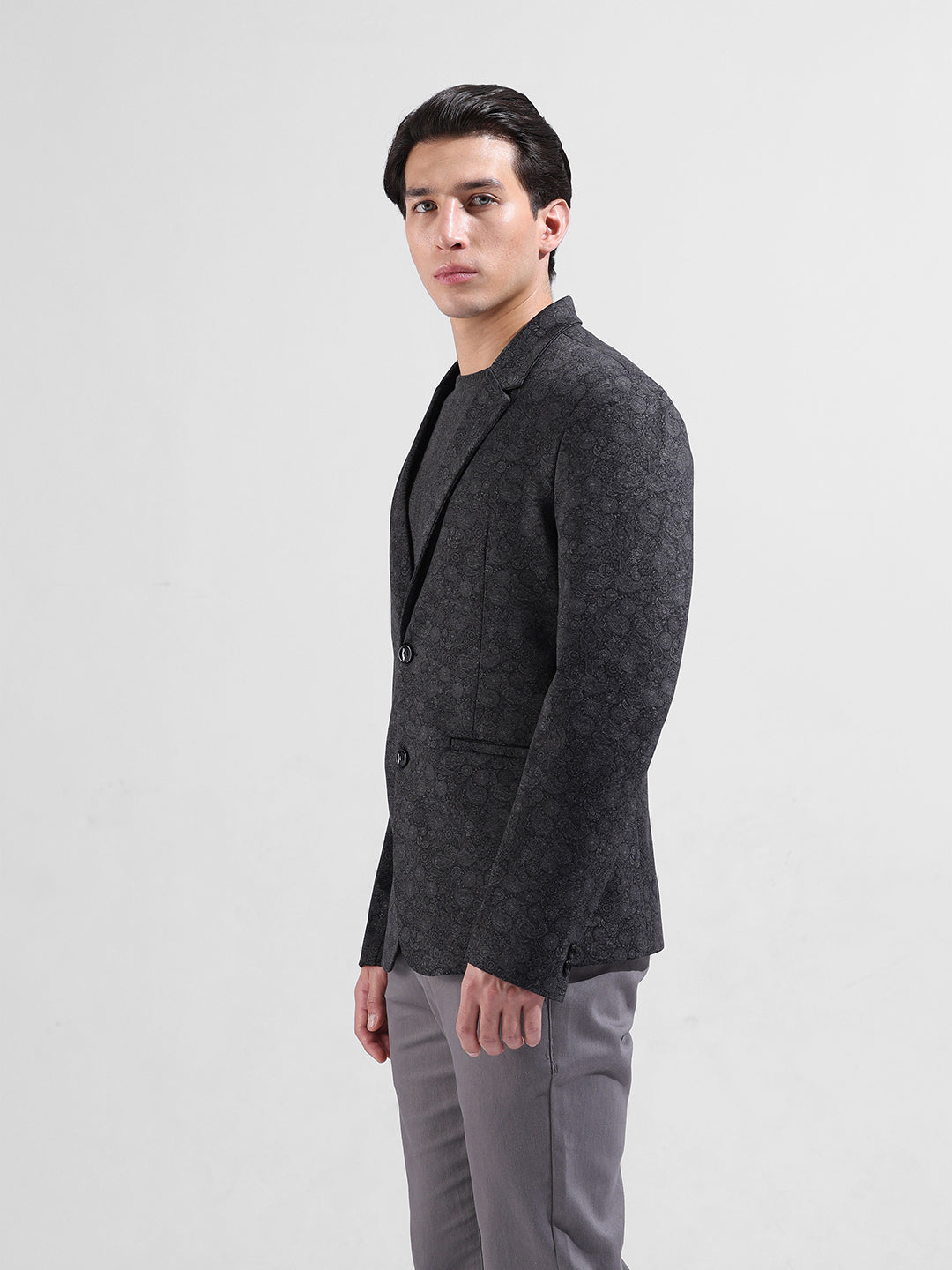 Men's Black Regular Fit Printed Casual Blazer