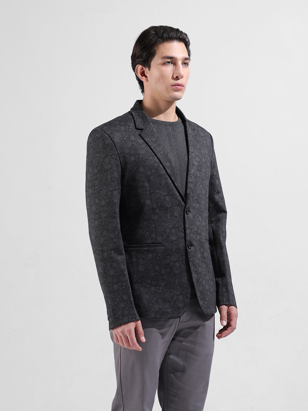 Men's Black Regular Fit Printed Casual Blazer
